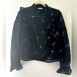 Black Floral Blouse with Ruffled cuffs Size L